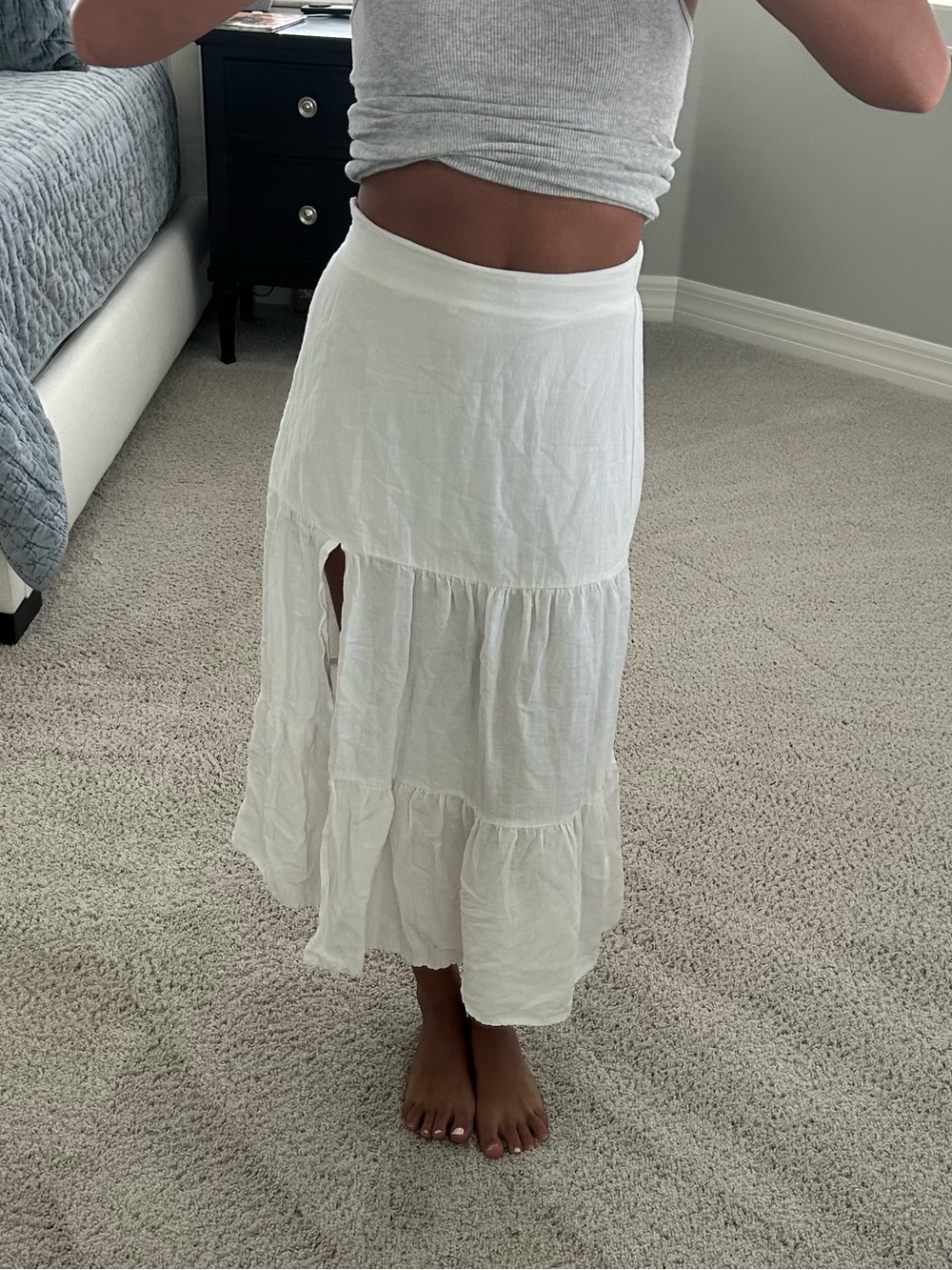 Bershka White Maxi Tiered Skirt with Side Slit